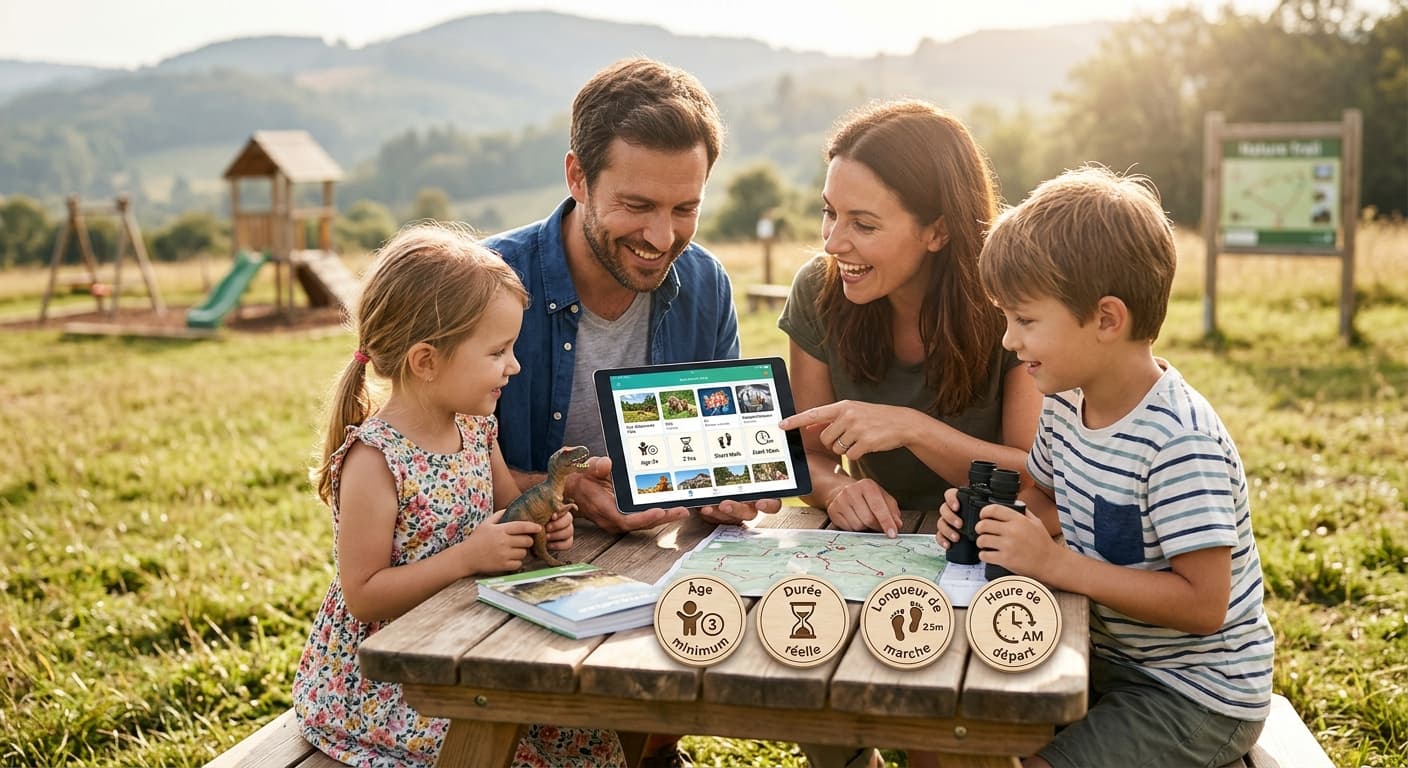 a family choose an activity on a tablet beside four tokens: minimum age, real duration, walking distance, departure time