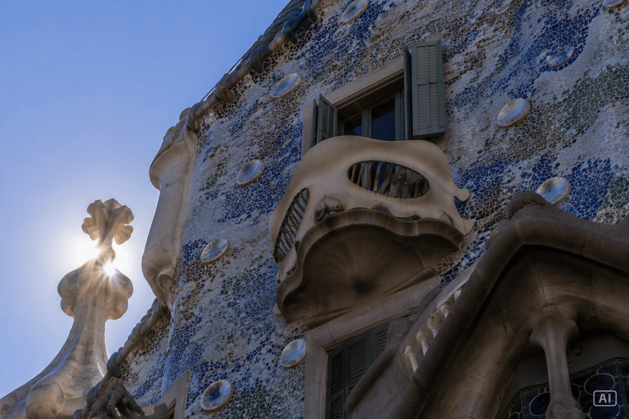 the mosaic façade and balconies of Casa Batlló seen from below, backlit