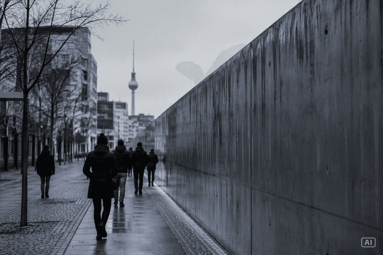 people walk along a stretch of the Berlin Wall on a winter day, the television tower behind them