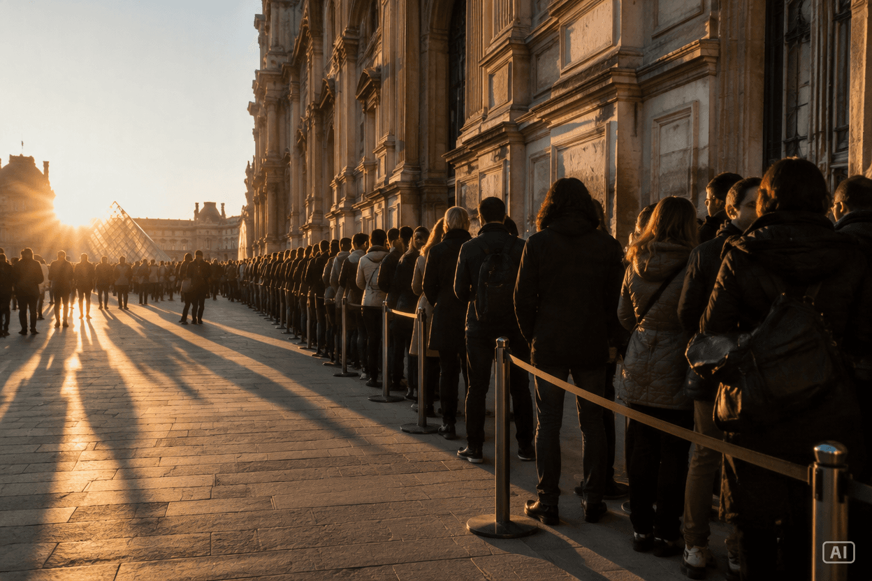 a long queue along the façade of the Louvre at sunrise, the pyramid behind