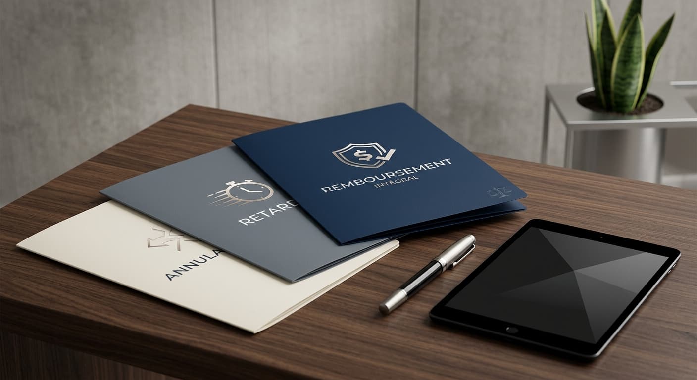 three folders on a desk, labelled cancellation, delay and full refund