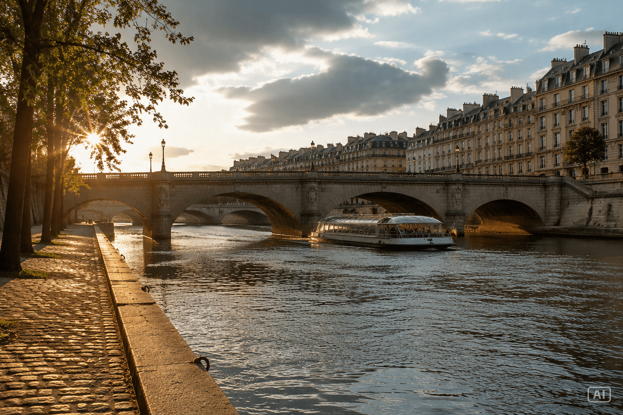a cruise boat passes under a Seine bridge at sunset, a cobbled quay in the foreground