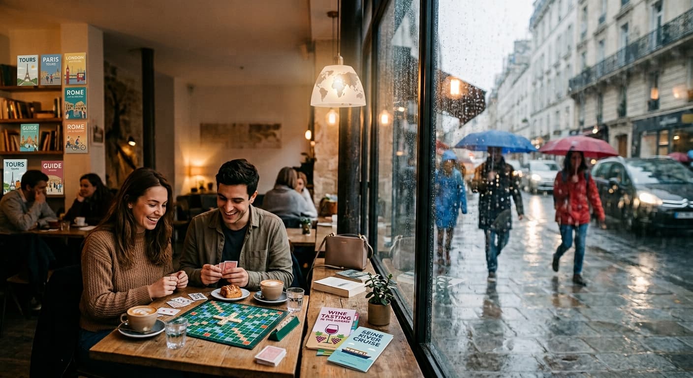 a couple play a board game in a Paris café while rain falls on the street behind the window