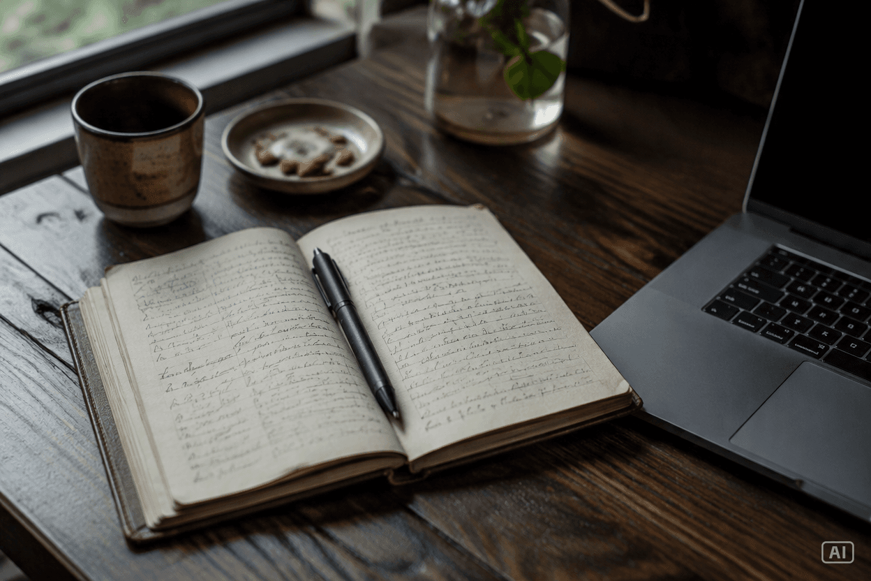 an open handwritten notebook on a wooden desk, beside a laptop and a cup