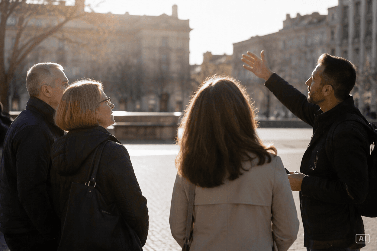 a guide talking to a small group of four people in a square, backlit