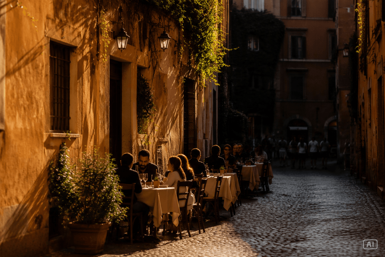 tables laid along a cobbled Trastevere lane in the golden light of late afternoon